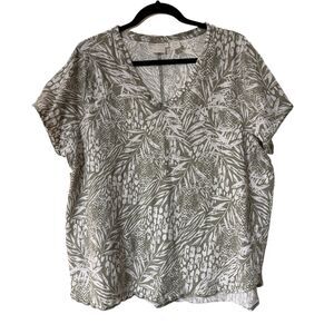 Christian Siriano Tropical V-Neck‎ Tunic Blouse White Green Leaf Pattern Size 3X